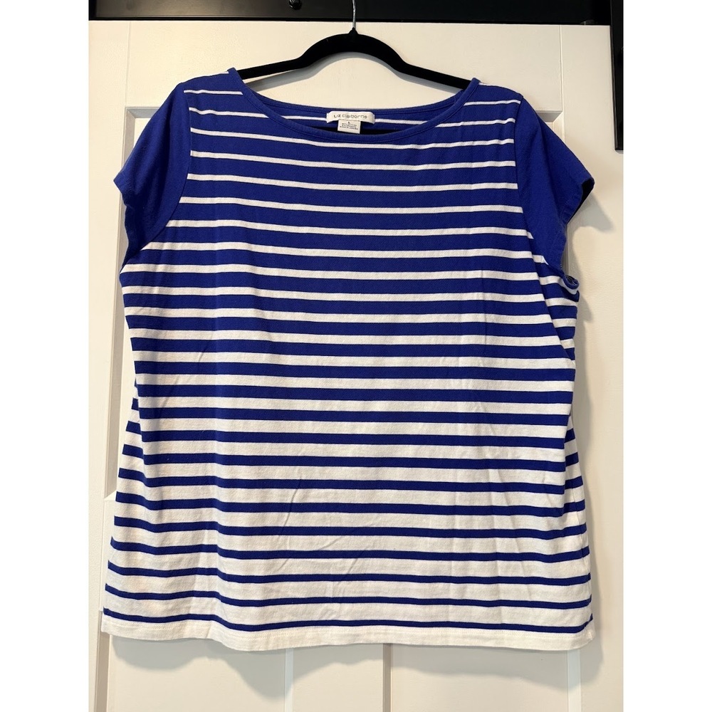Liz Claiborne Royal Blue and White Striped Cap-Sleeve Tee Ladies Size Large